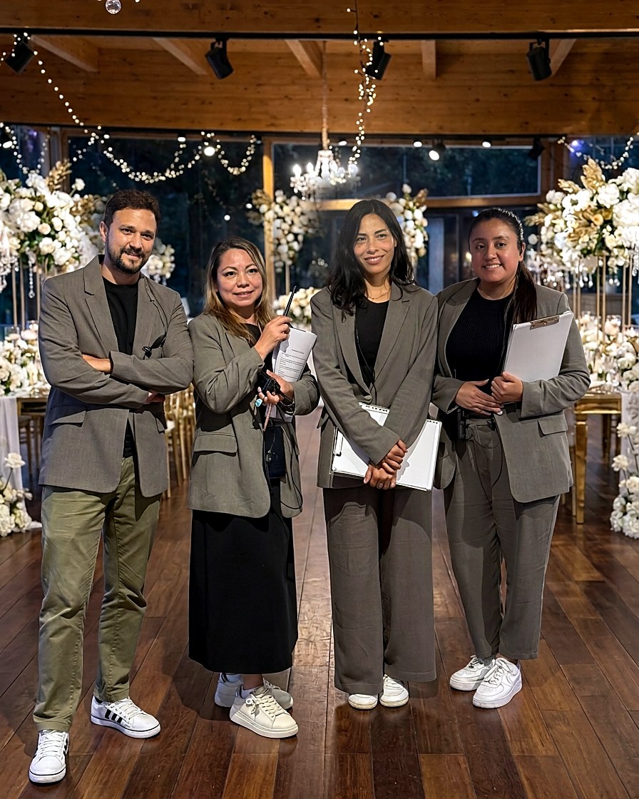 El equipo de Miroslava Events posando junto a la decoración floral de una boda